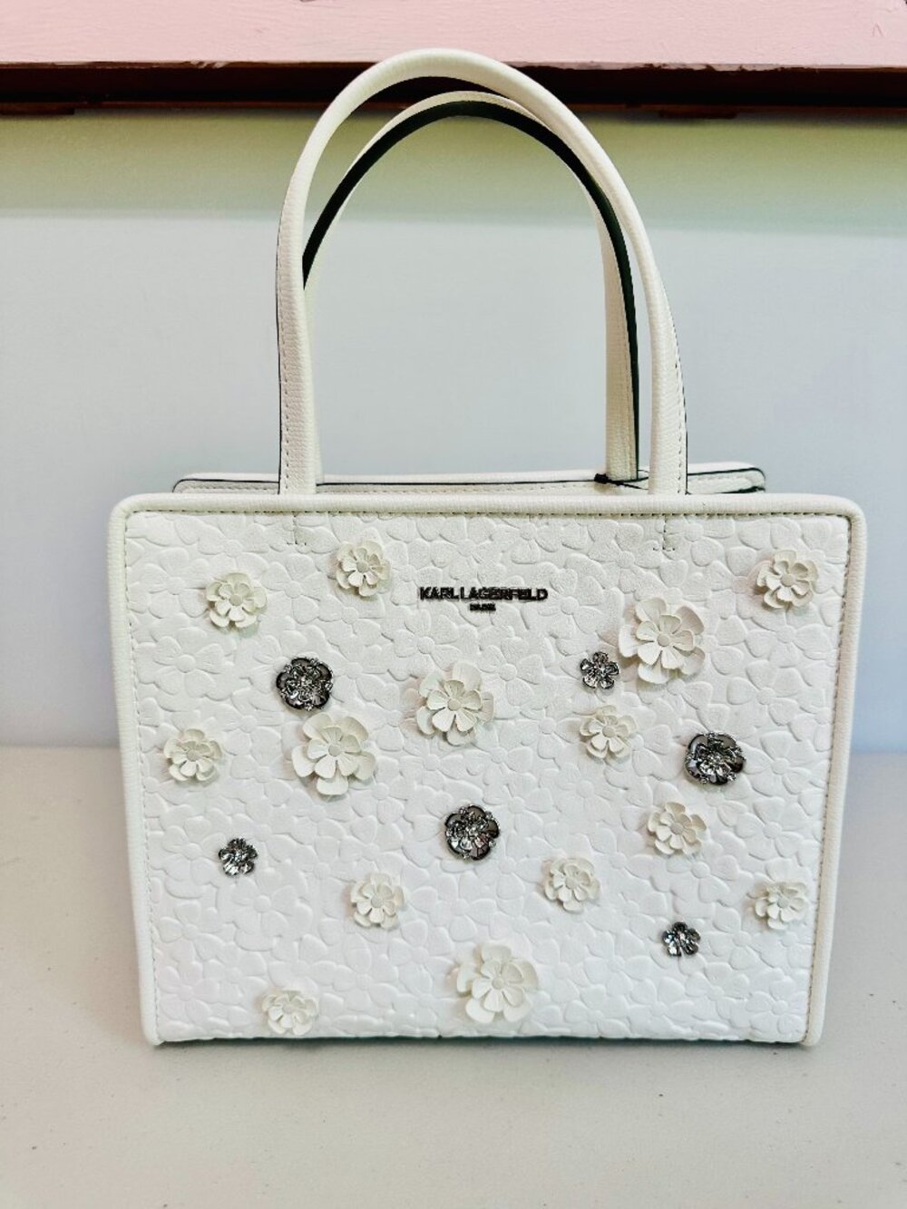 KARL LAGERFELD PARIS CHOUPETTE MAYBELLE 3D FLORAL WINTER WHITE SATCHEL $228